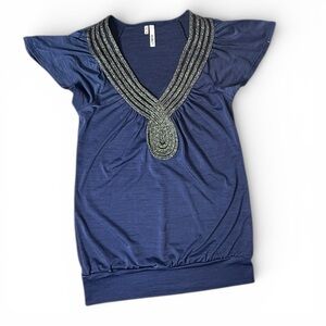 Navy Blue Black Heathered Studio Y Embellished V-Neck Top Sz XS